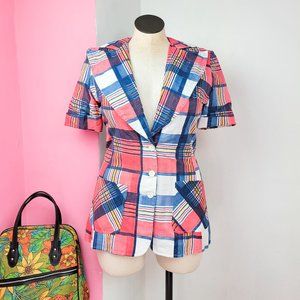 Vintage 1970s Primay Colors Plaid Print Short Sleeve Blazer